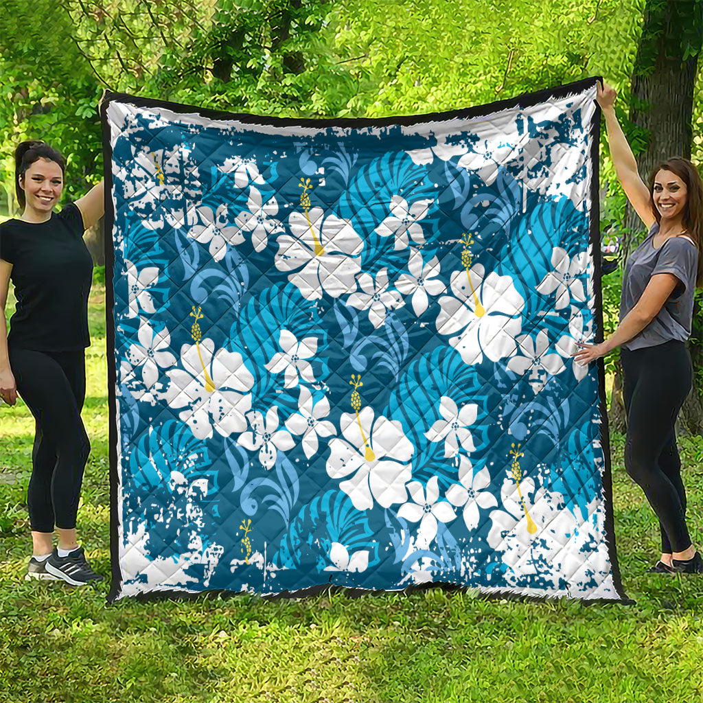 Blue Hawaiian Hibiscus Monstera Quilt Grunge Stylized LT01 - Polynesian Pride