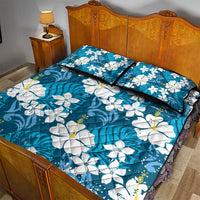 Blue Hawaiian Hibiscus Monstera Quilt Bed Set Grunge Stylized