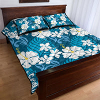 Blue Hawaiian Hibiscus Monstera Quilt Bed Set Grunge Stylized