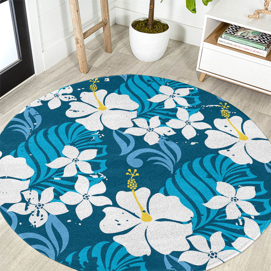 Blue Hawaiian Hibiscus Monstera Round Carpet Grunge Stylized