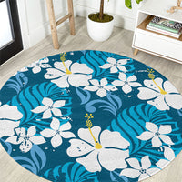 Blue Hawaiian Hibiscus Monstera Round Carpet Grunge Stylized