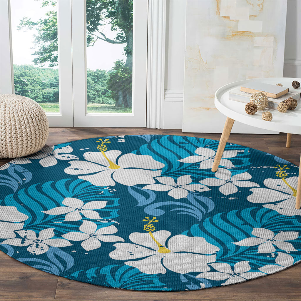 Blue Hawaiian Hibiscus Monstera Round Carpet Grunge Stylized