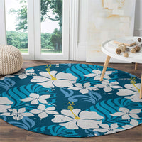 Blue Hawaiian Hibiscus Monstera Round Carpet Grunge Stylized