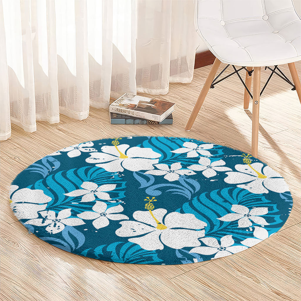 Blue Hawaiian Hibiscus Monstera Round Carpet Grunge Stylized