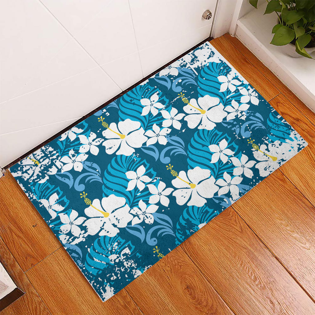 Blue Hawaiian Hibiscus Monstera Rubber Doormat Grunge Stylized LT01 - Polynesian Pride