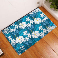 Blue Hawaiian Hibiscus Monstera Rubber Doormat Grunge Stylized LT01 - Polynesian Pride