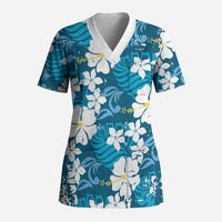 Blue Hawaiian Hibiscus Monstera Scrub Top Grunge Stylized LT01 Adult Blue - Polynesian Pride