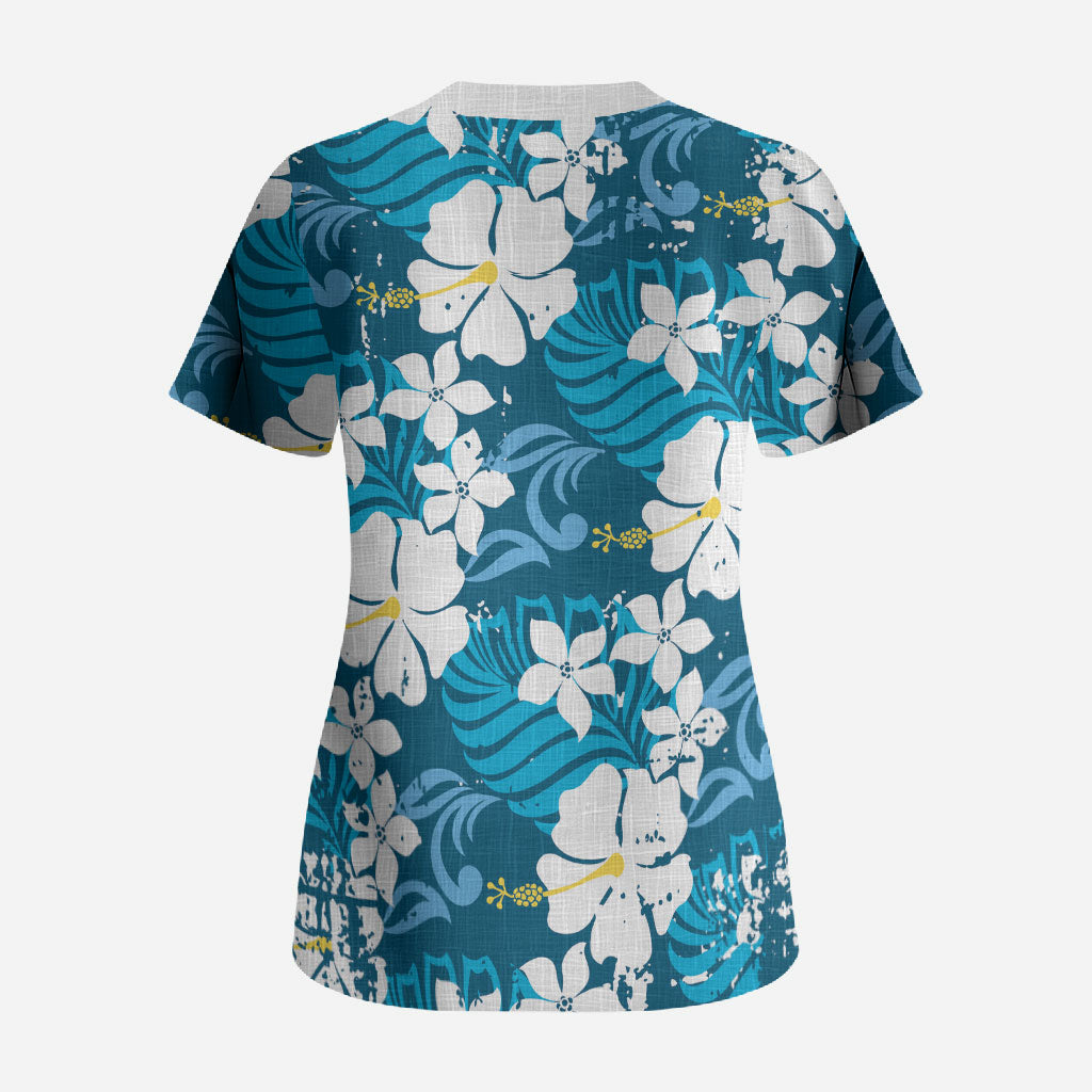 Blue Hawaiian Hibiscus Monstera Scrub Top Grunge Stylized LT01 - Polynesian Pride