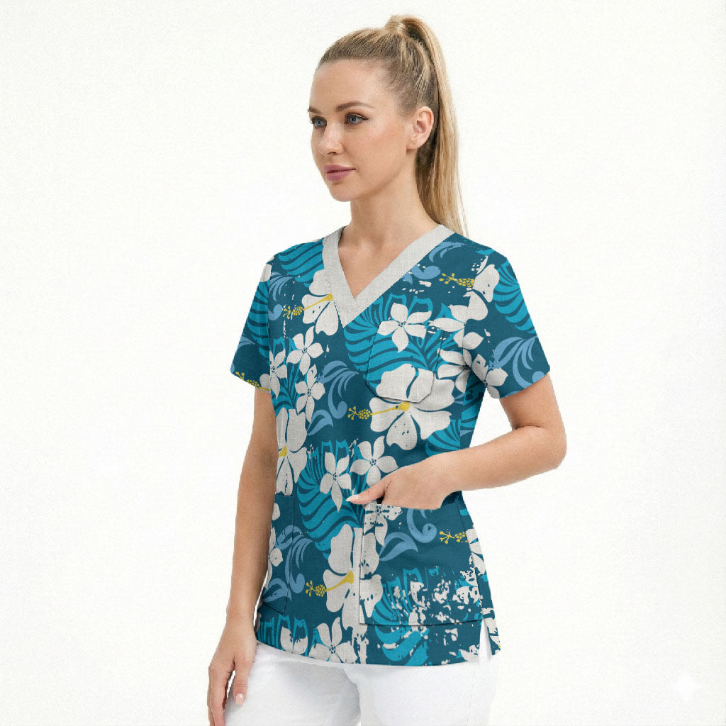 Blue Hawaiian Hibiscus Monstera Scrub Top Grunge Stylized LT01 - Polynesian Pride