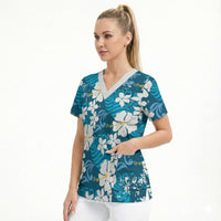 Blue Hawaiian Hibiscus Monstera Scrub Top Grunge Stylized LT01 - Polynesian Pride