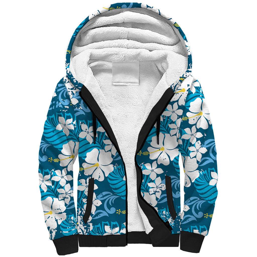 Blue Hawaiian Hibiscus Monstera Sherpa Hoodie Grunge Stylized