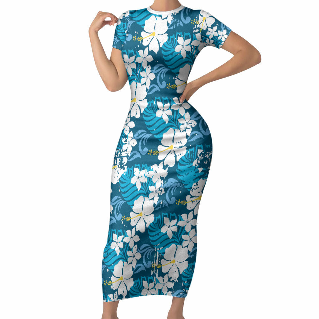 Blue Hawaiian Hibiscus Monstera Short Sleeve Bodycon Dress Grunge Stylized LT01 Long Dress Blue - Polynesian Pride