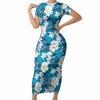 Blue Hawaiian Hibiscus Monstera Short Sleeve Bodycon Dress Grunge Stylized LT01 Long Dress Blue - Polynesian Pride