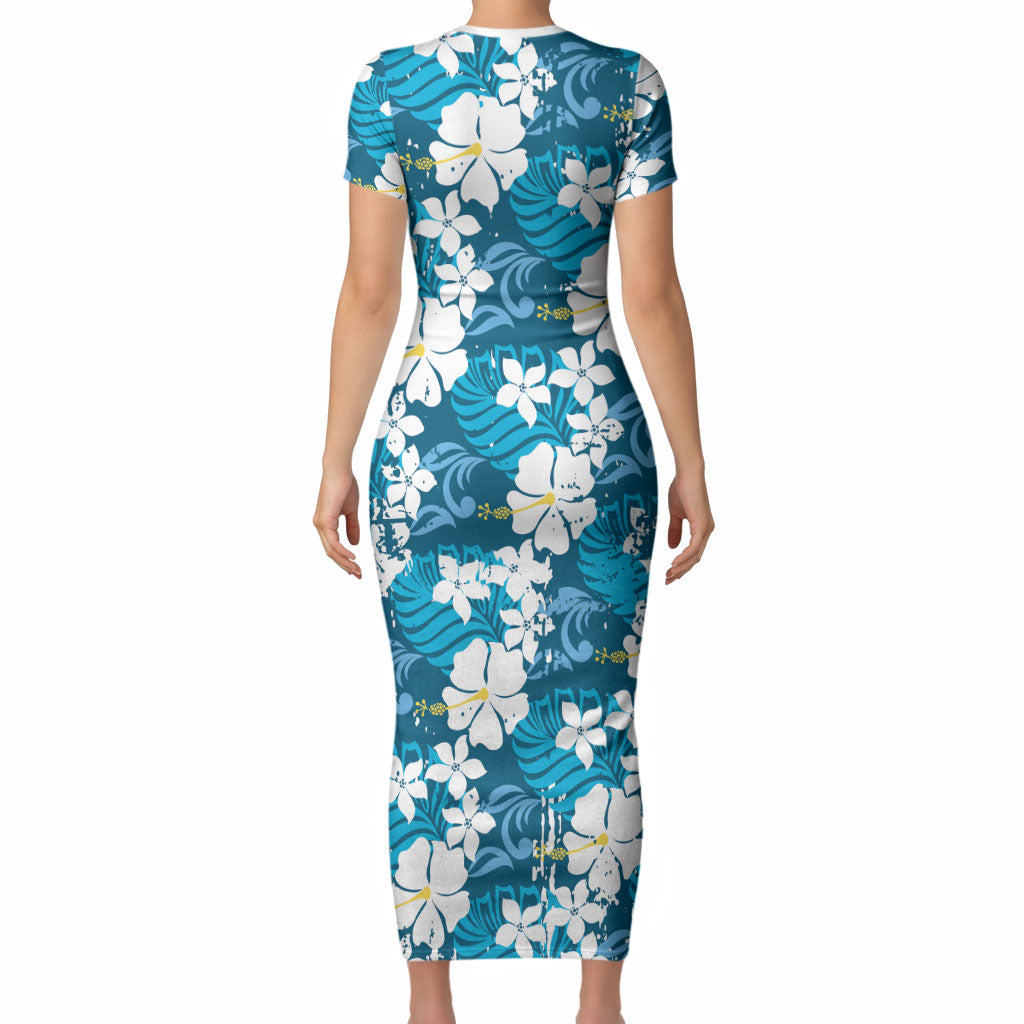 Blue Hawaiian Hibiscus Monstera Short Sleeve Bodycon Dress Grunge Stylized LT01 - Polynesian Pride