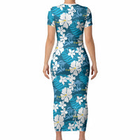 Blue Hawaiian Hibiscus Monstera Short Sleeve Bodycon Dress Grunge Stylized LT01 - Polynesian Pride