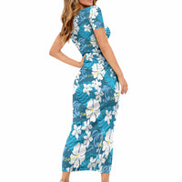Blue Hawaiian Hibiscus Monstera Short Sleeve Bodycon Dress Grunge Stylized LT01 - Polynesian Pride
