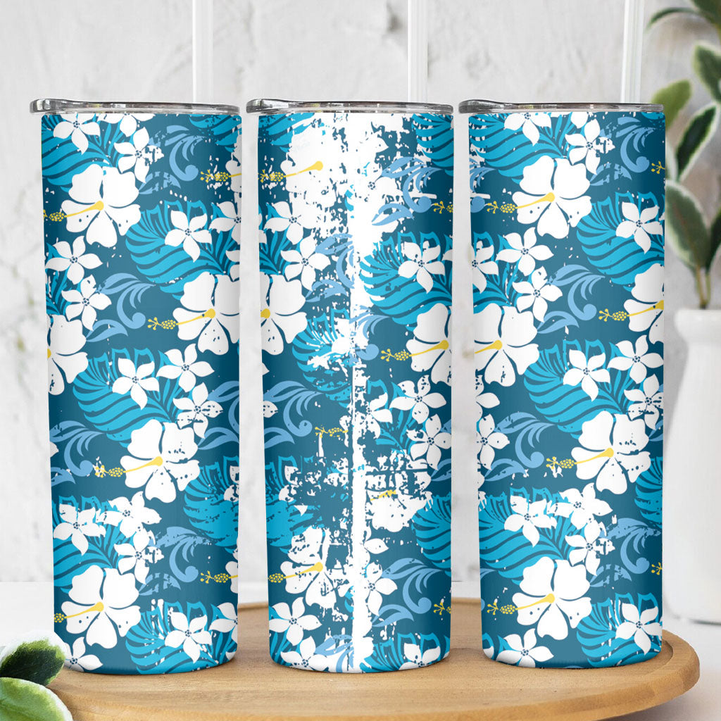 Blue Hawaiian Hibiscus Monstera Skinny Tumbler Grunge Stylized LT01 - Polynesian Pride