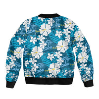 Blue Hawaiian Hibiscus Monstera Sleeve Zip Bomber Jacket Grunge Stylized LT01 - Polynesian Pride