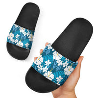 Blue Hawaiian Hibiscus Monstera Slide Sandals Grunge Stylized LT01 - Polynesian Pride