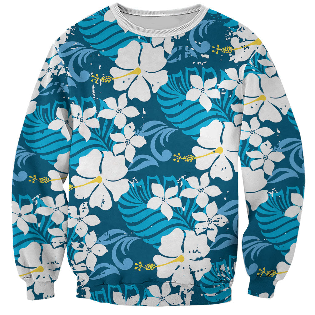 Blue Hawaiian Hibiscus Monstera Sweatshirt Grunge Stylized LT01 Unisex Blue - Polynesian Pride