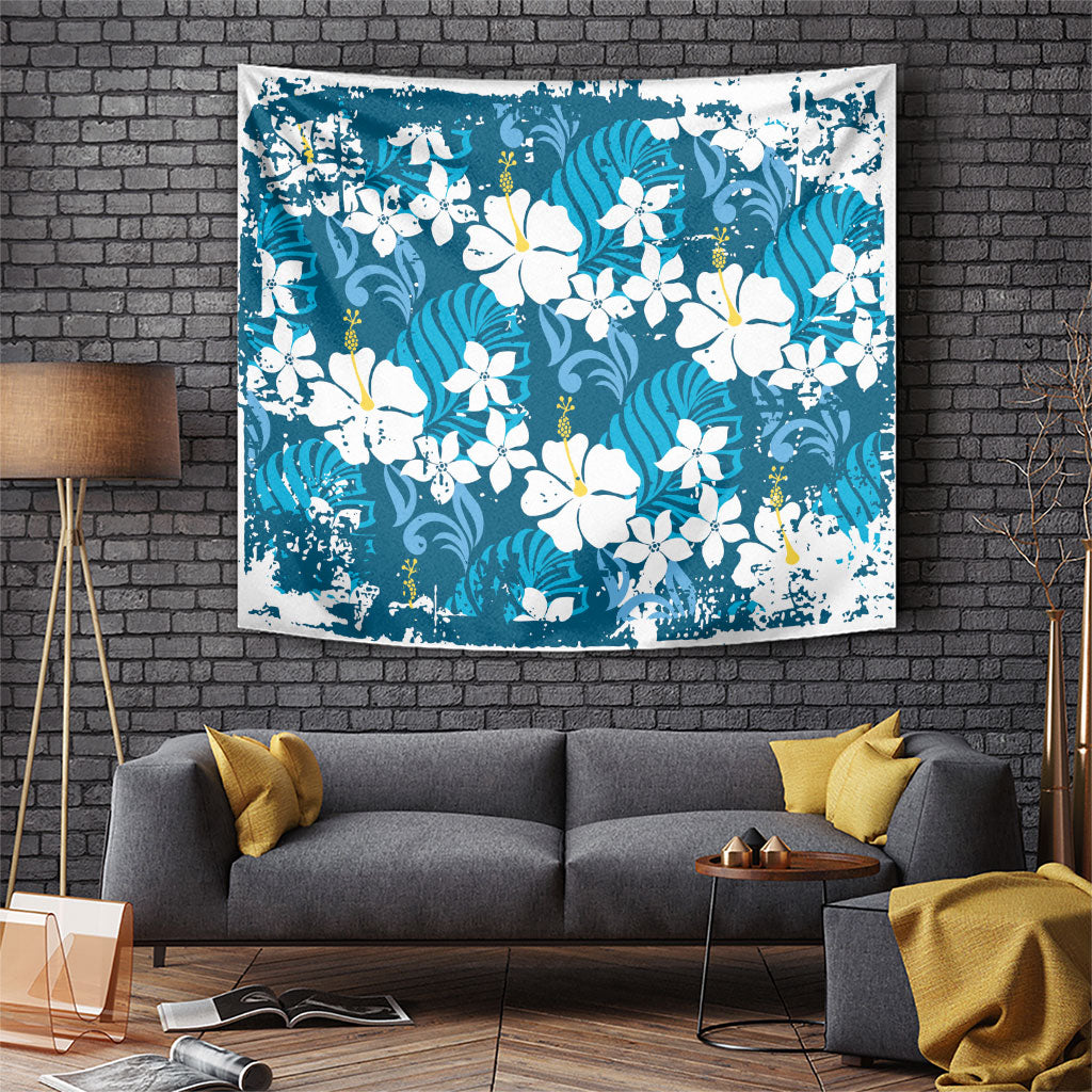 Blue Hawaiian Hibiscus Monstera Tapestry Grunge Stylized LT01 Blue - Polynesian Pride
