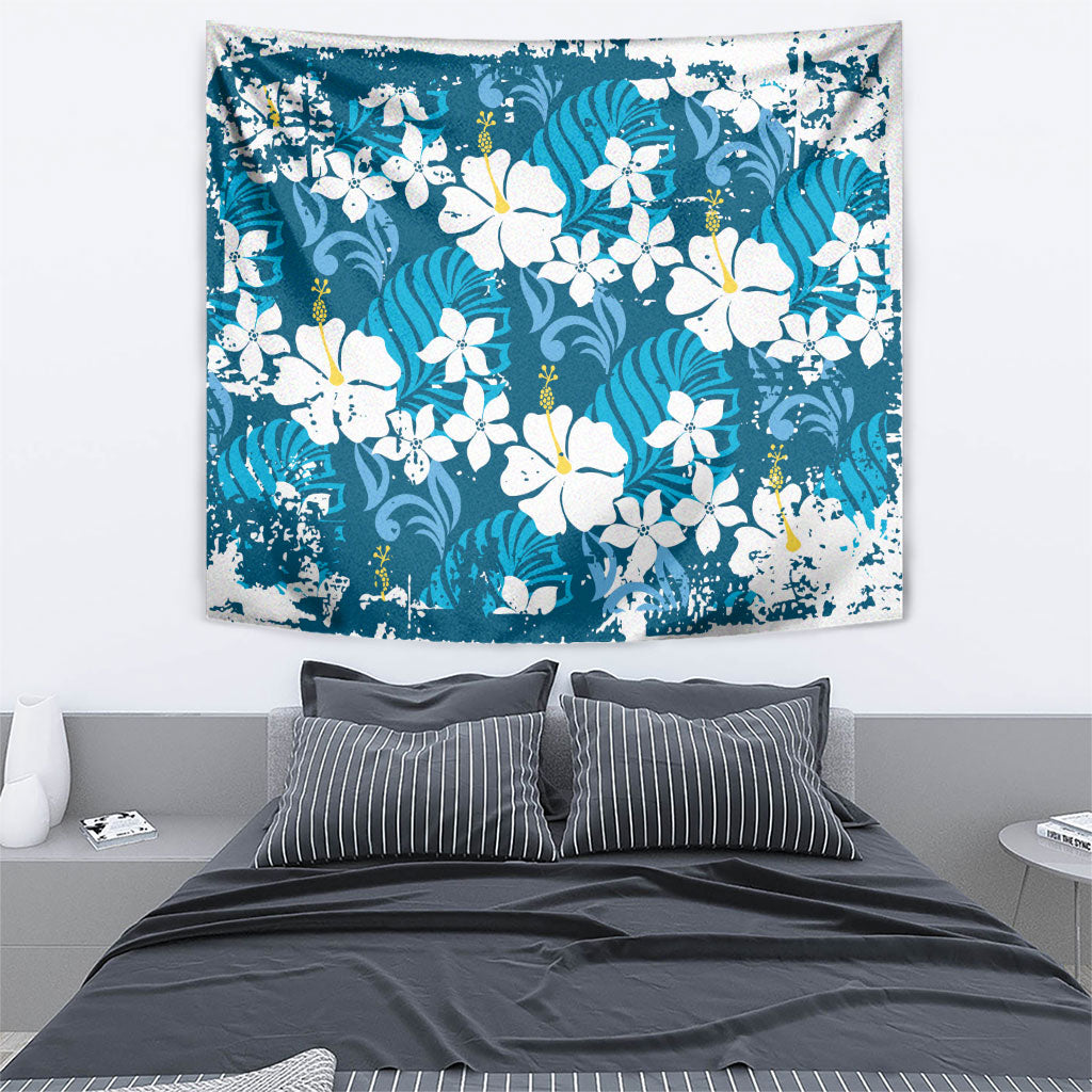 Blue Hawaiian Hibiscus Monstera Tapestry Grunge Stylized LT01 - Polynesian Pride