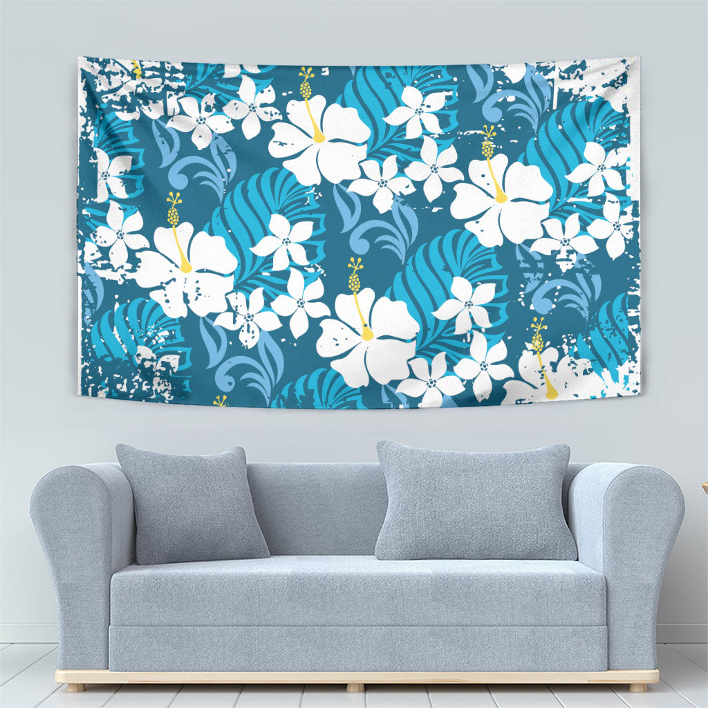 Blue Hawaiian Hibiscus Monstera Tapestry Grunge Stylized LT01 - Polynesian Pride