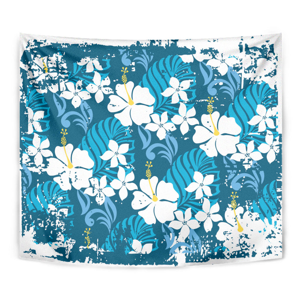 Blue Hawaiian Hibiscus Monstera Tapestry Grunge Stylized LT01 - Polynesian Pride