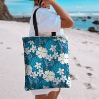Blue Hawaiian Hibiscus Monstera Tote Bag Grunge Stylized