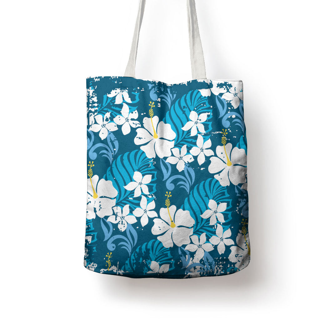 Blue Hawaiian Hibiscus Monstera Tote Bag Grunge Stylized