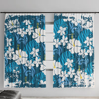 Blue Hawaiian Hibiscus Monstera Window Curtain Grunge Stylized