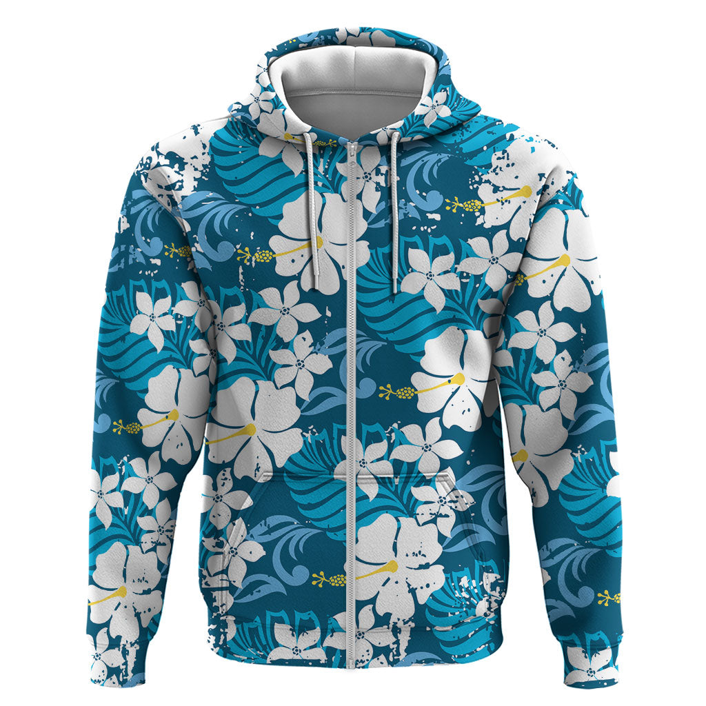 Blue Hawaiian Hibiscus Monstera Zip Hoodie Grunge Stylized LT01 Zip Hoodie Blue - Polynesian Pride