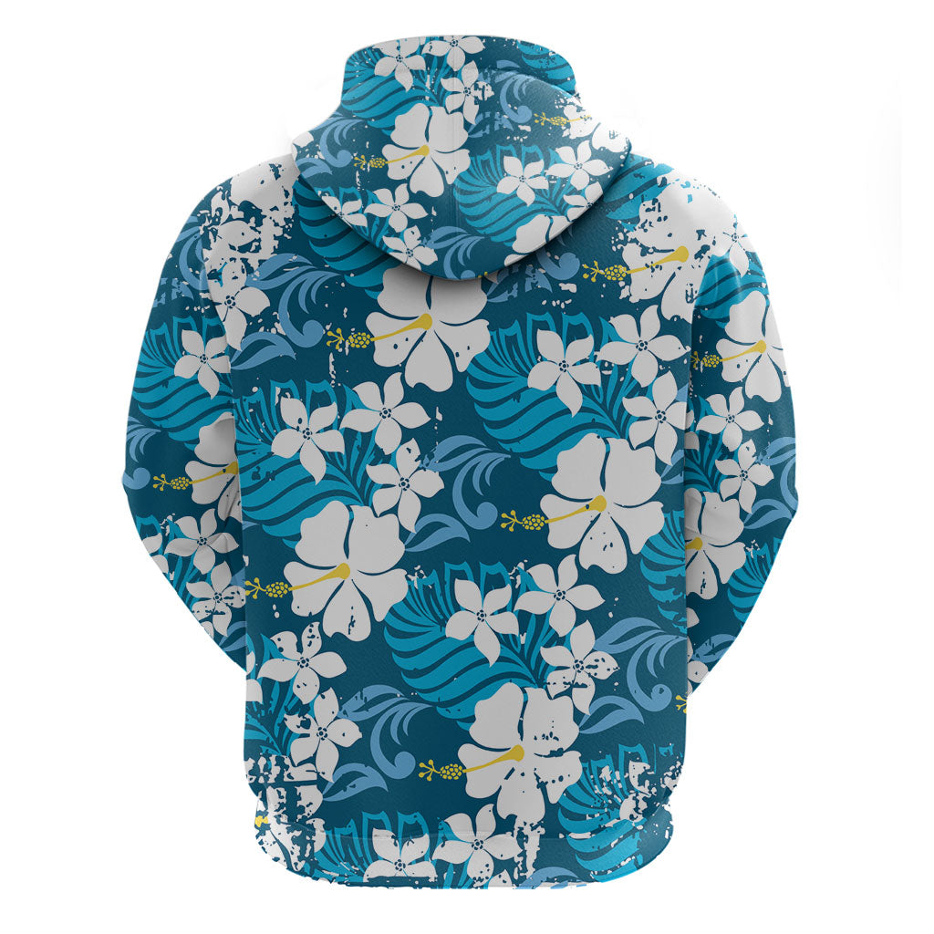 Blue Hawaiian Hibiscus Monstera Zip Hoodie Grunge Stylized LT01 - Polynesian Pride