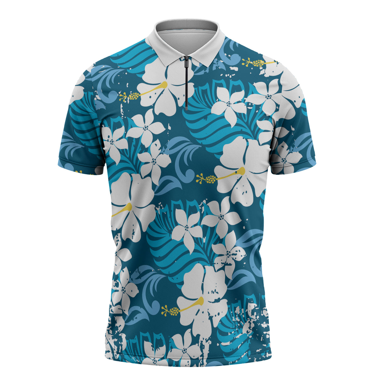 Blue Hawaiian Hibiscus Monstera Zipper Polo Shirt Grunge Stylized LT01 Blue - Polynesian Pride