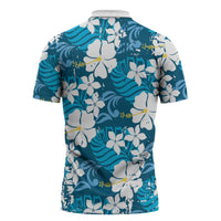 Blue Hawaiian Hibiscus Monstera Zipper Polo Shirt Grunge Stylized LT01 - Polynesian Pride