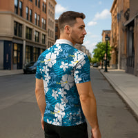 Blue Hawaiian Hibiscus Monstera Zipper Polo Shirt Grunge Stylized LT01 - Polynesian Pride