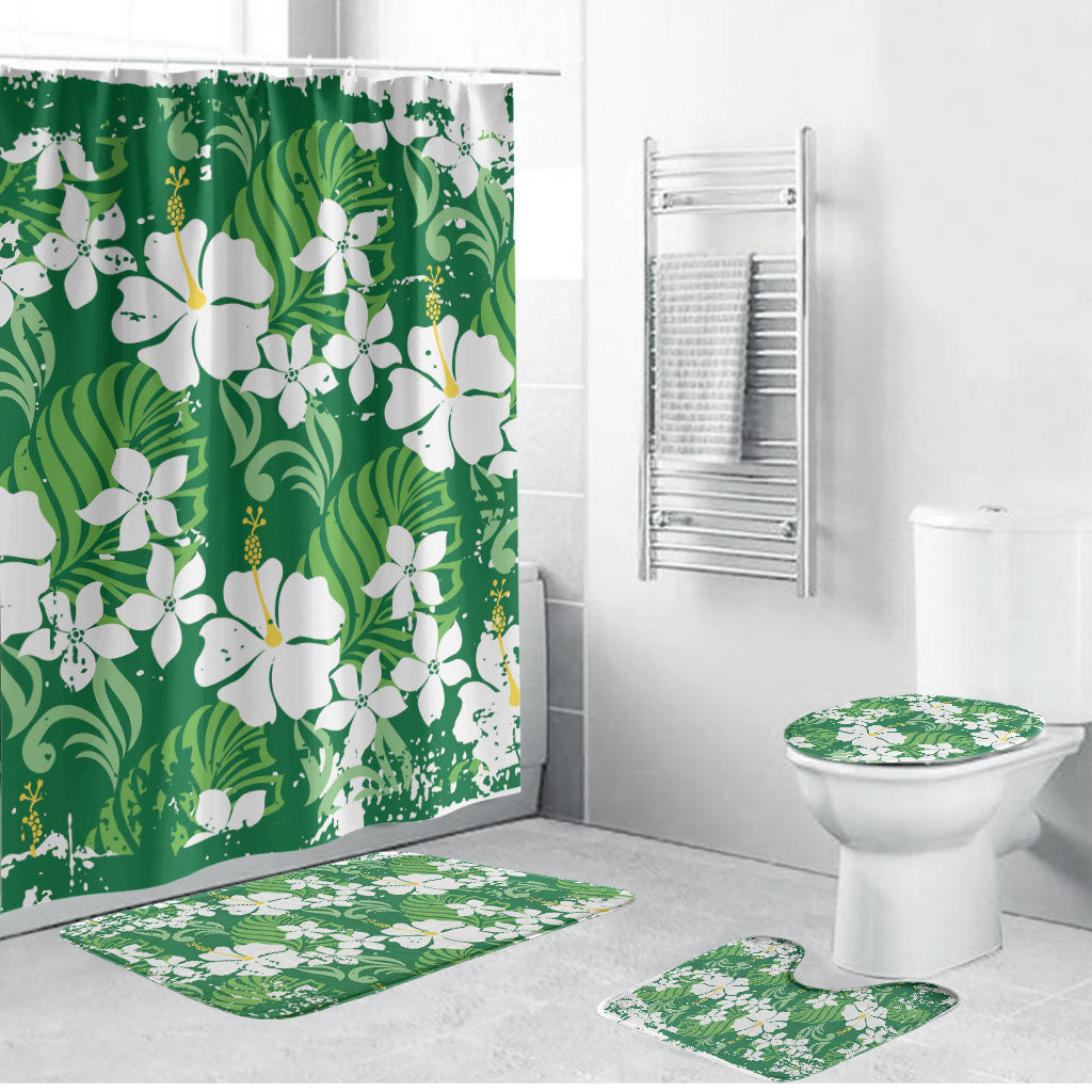 Green Hawaiian Hibiscus Monstera Bathroom Set Grunge Stylized