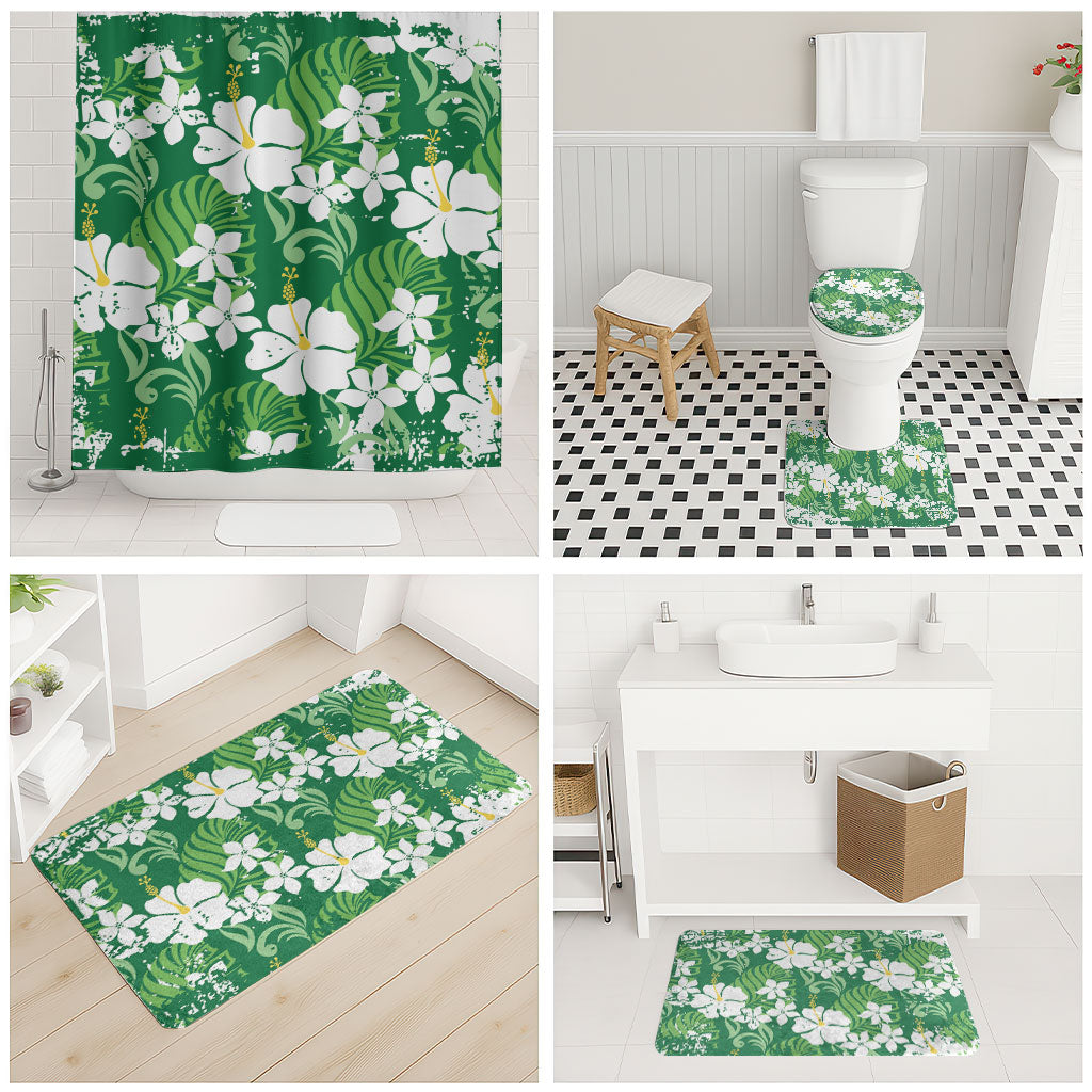Green Hawaiian Hibiscus Monstera Bathroom Set Grunge Stylized