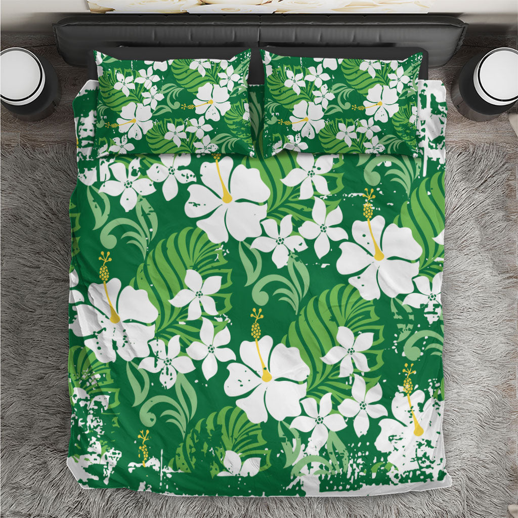 Green Hawaiian Hibiscus Monstera Bedding Set Grunge Stylized