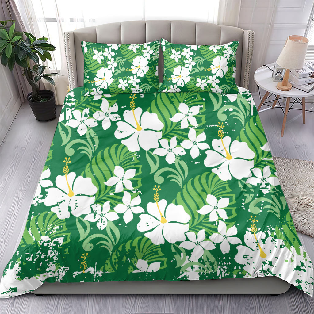 Green Hawaiian Hibiscus Monstera Bedding Set Grunge Stylized
