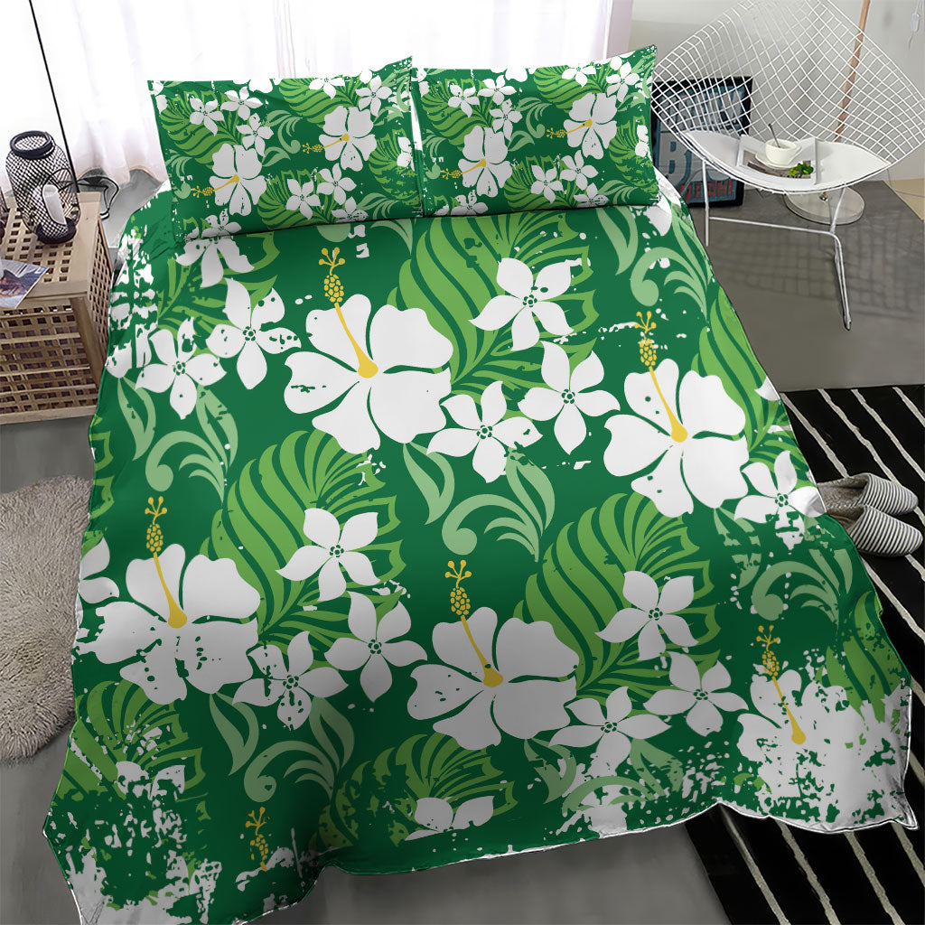 Green Hawaiian Hibiscus Monstera Bedding Set Grunge Stylized