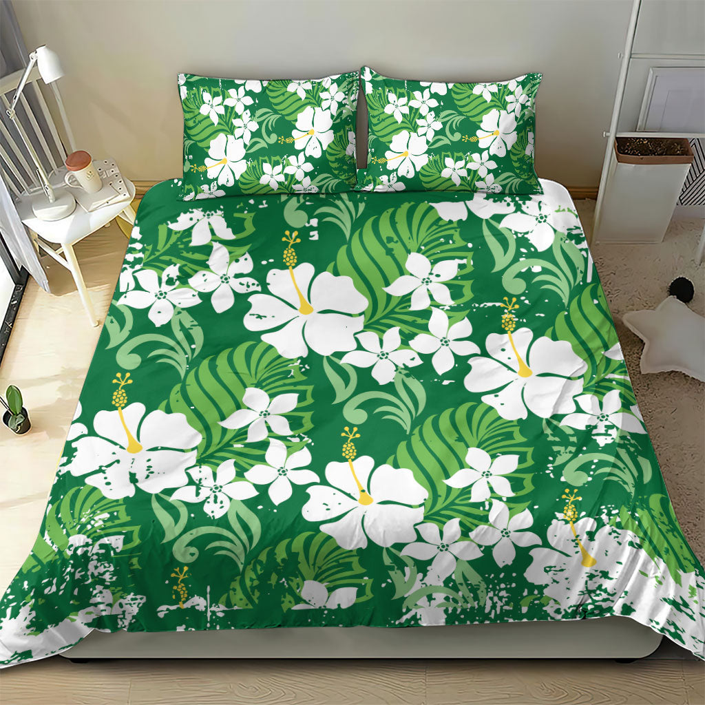 Green Hawaiian Hibiscus Monstera Bedding Set Grunge Stylized