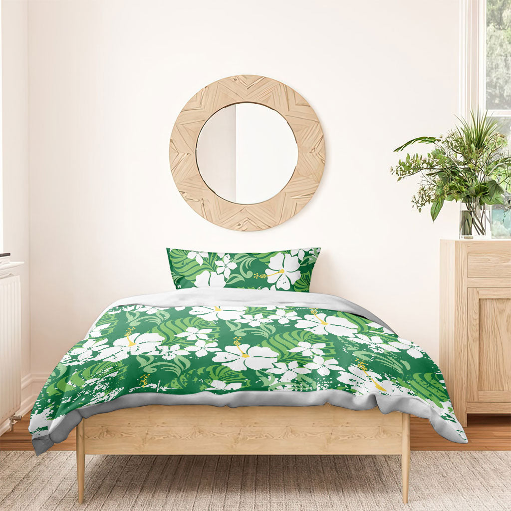Green Hawaiian Hibiscus Monstera Bedding Set Grunge Stylized