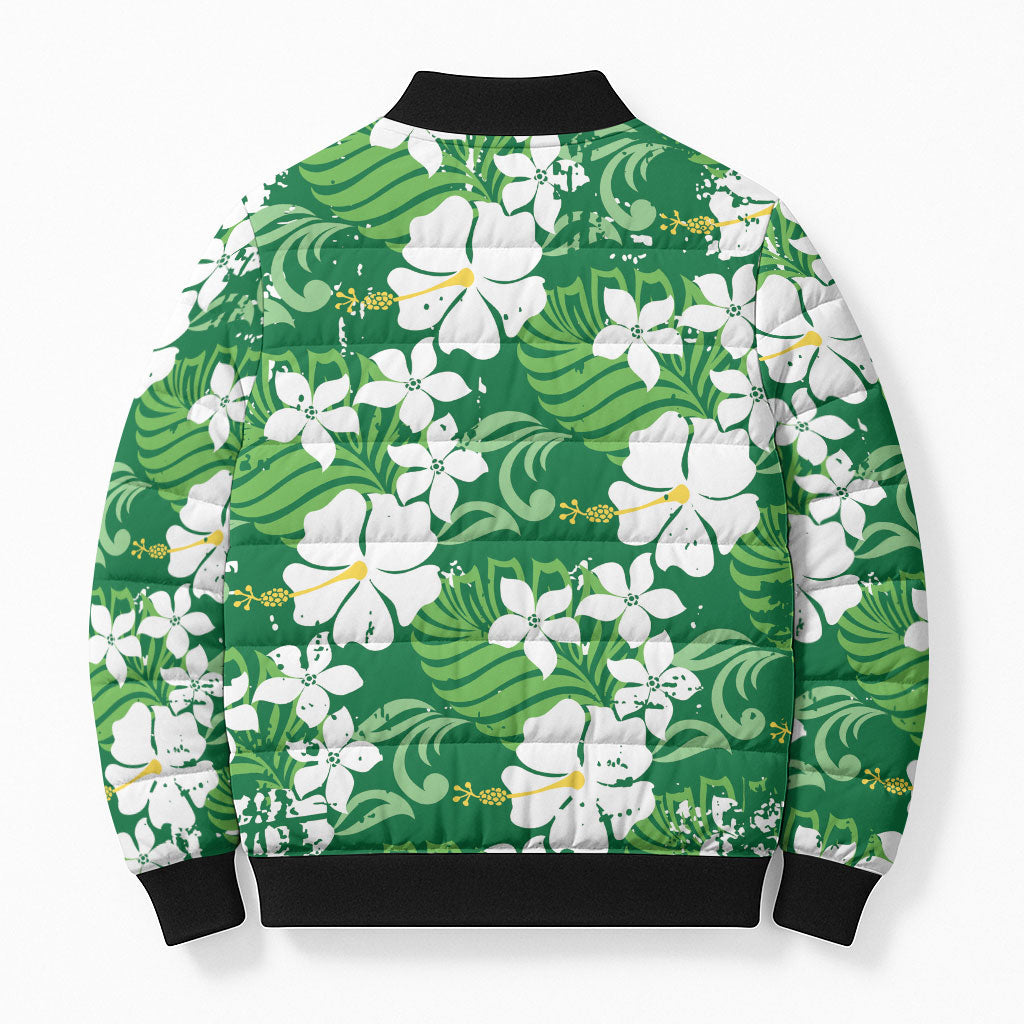 Green Hawaiian Hibiscus Monstera Bomber Puffer Jacket Grunge Stylized