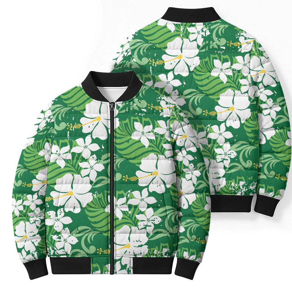 Green Hawaiian Hibiscus Monstera Bomber Puffer Jacket Grunge Stylized