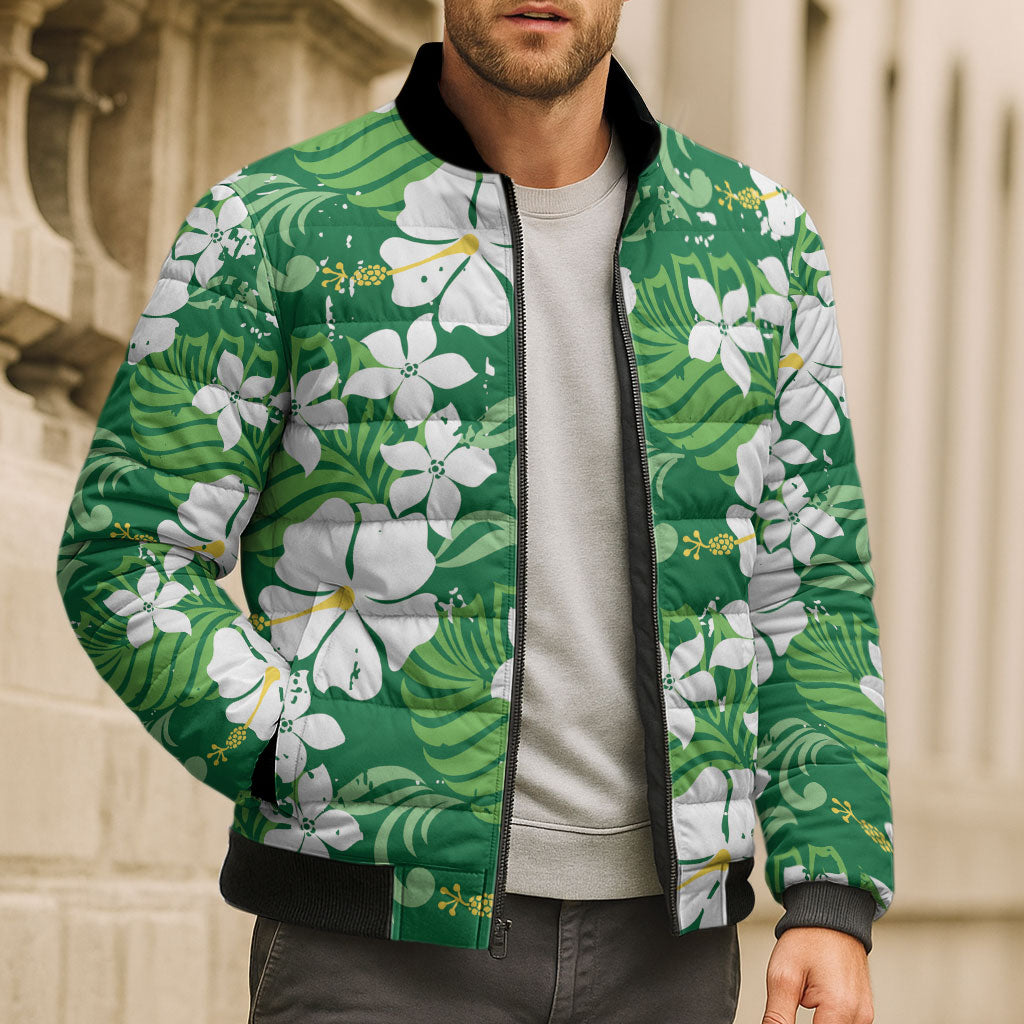 Green Hawaiian Hibiscus Monstera Bomber Puffer Jacket Grunge Stylized