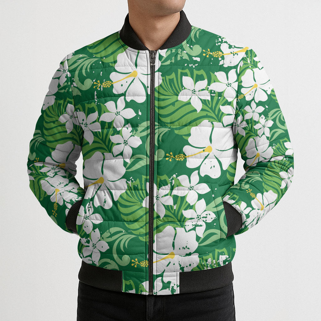 Green Hawaiian Hibiscus Monstera Bomber Puffer Jacket Grunge Stylized
