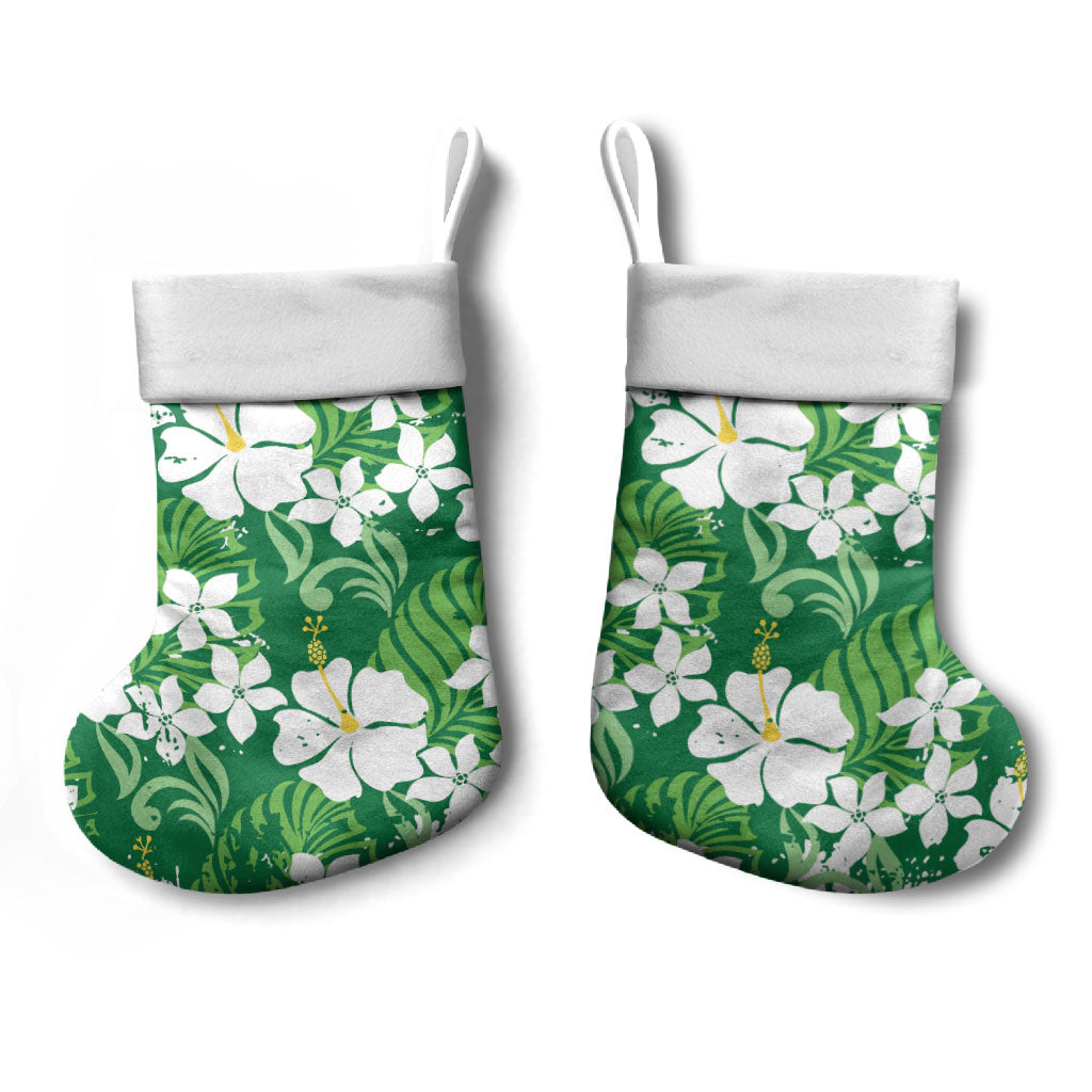 Green Hawaiian Hibiscus Monstera Christmas Stocking Grunge Stylized