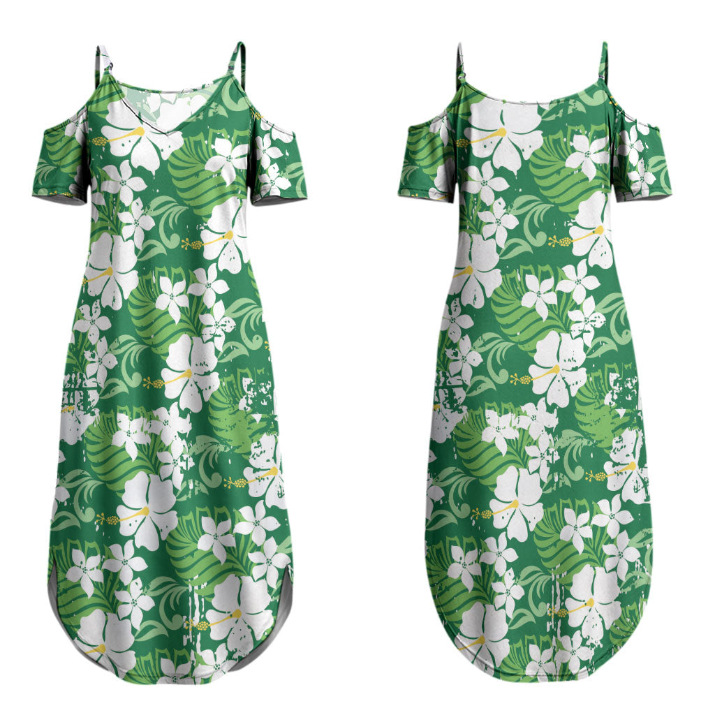 Green Hawaiian Hibiscus Monstera Couples Matching Summer Maxi Dress and Long Sleeve Button Shirt Grunge Stylized LT01 - Polynesian Pride