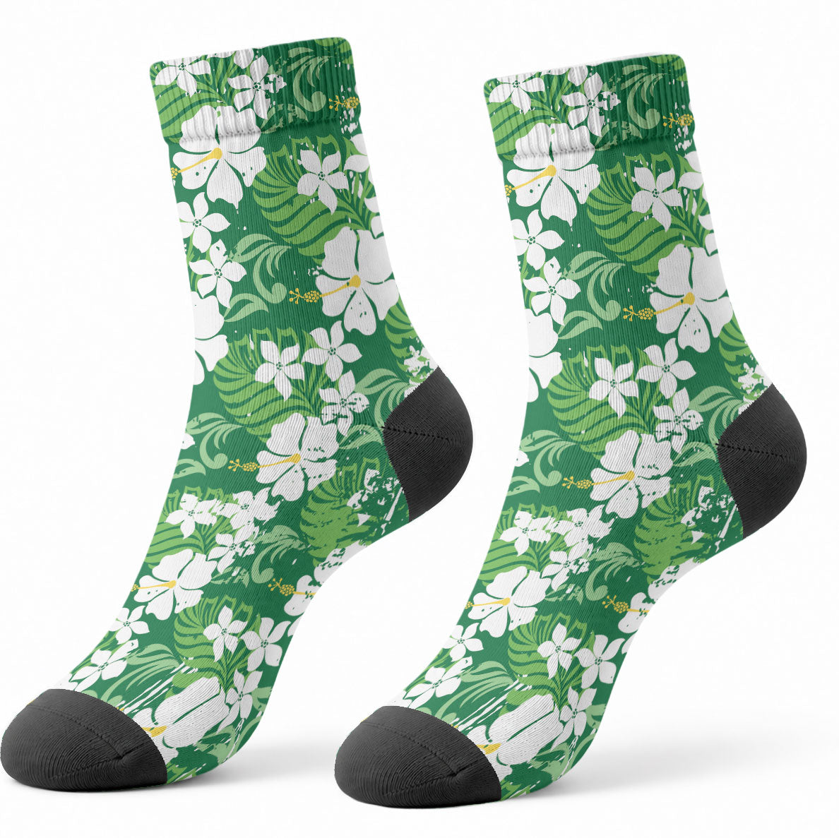 Green Hawaiian Hibiscus Monstera Crew Socks Grunge Stylized LT01 - Polynesian Pride